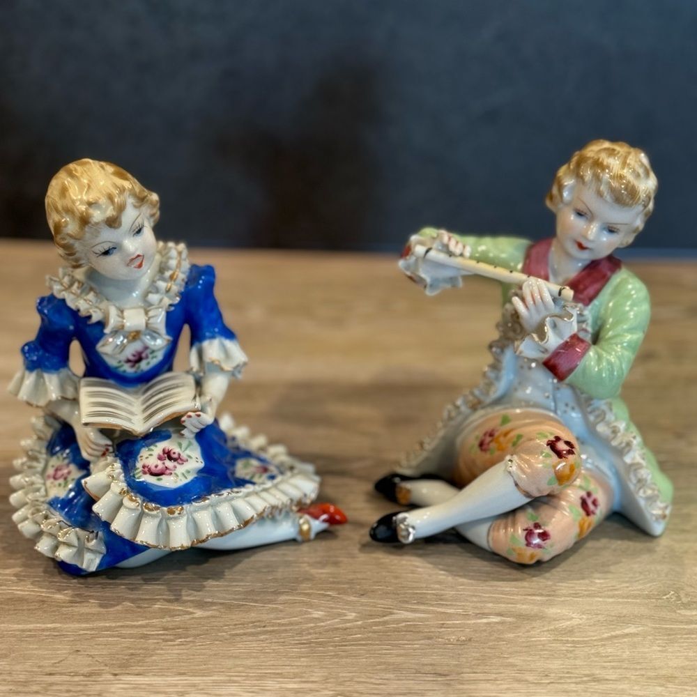 Mid-Century 50s JAPAN Porcelain BOY Playing Flute & GIRL Reading Book FIGURINES